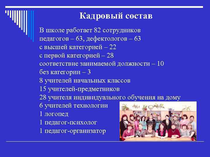 Кадровый состав В школе работает 82 сотрудников педагогов – 63, дефектологов – 63 с