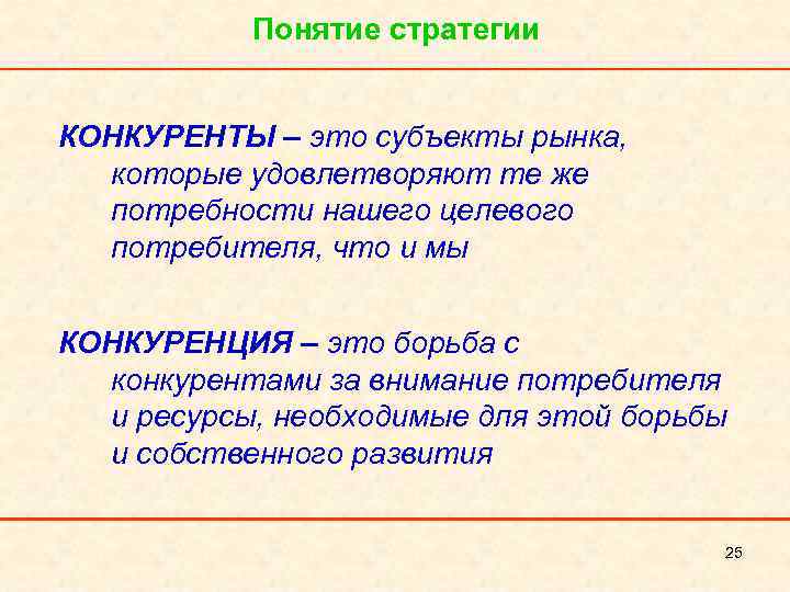 Понятие стратегии КОНКУРЕНТЫ – это субъекты рынка, которые удовлетворяют те же потребности нашего целевого