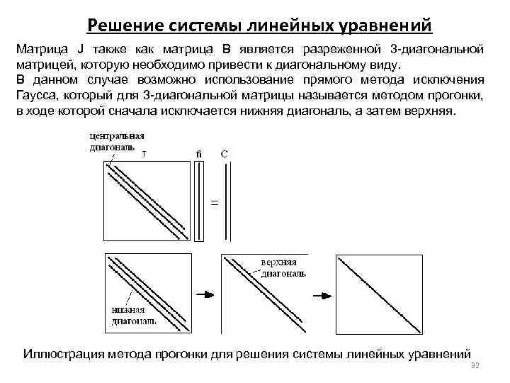Решение системы линейных уравнений Матрица J также как матрица B является разреженной 3 -диагональной