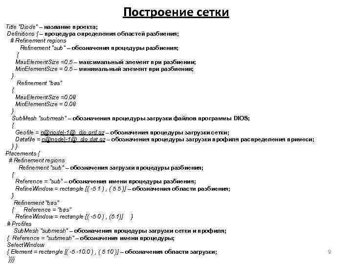 Построение сетки Title "Diode" – название проекта; Definitions { – процедура определения областей разбиения;