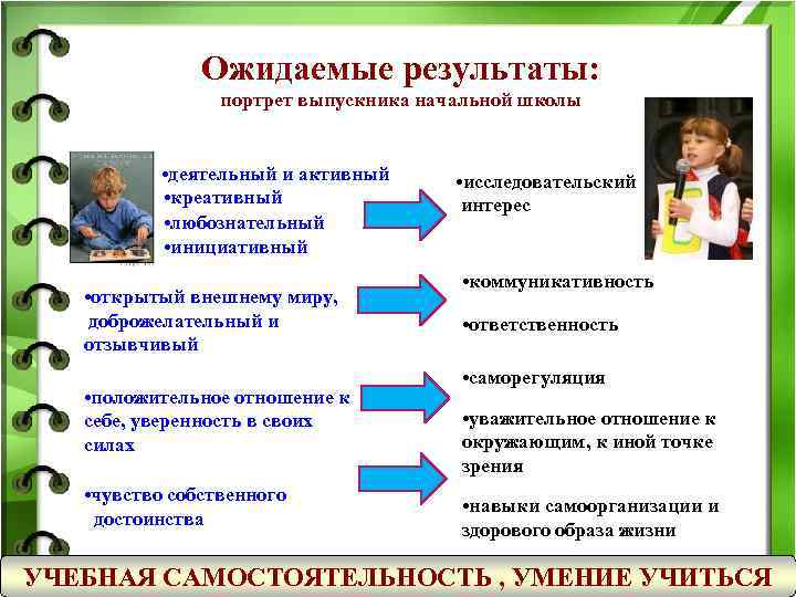 Ожидаемые результаты: портрет выпускника начальной школы • деятельный и активный • креативный • любознательный