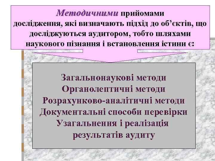 Методичними прийомами дослідження, які визначають підхід до об’єктів, що досліджуються аудитором, тобто шляхами наукового
