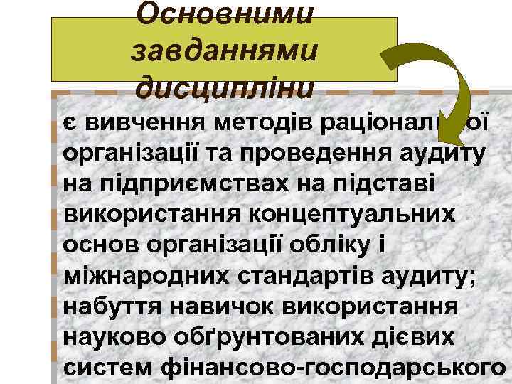 Основними завданнями дисципліни є вивчення методів раціональної організації та проведення аудиту на підприємствах на