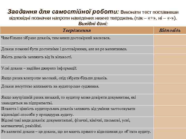 Завдання для самостійної роботи: Виконати тест поставивши відповідні позначки напроти наведених нижче тверджень (так