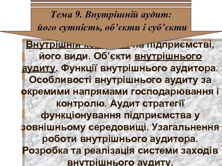 Тема 9. Внутрішній аудит: його сутність, об’єкти і суб’єкти Внутрішній контроль на підприємстві, його