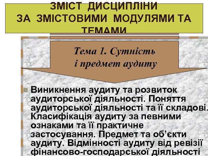 ЗМІСТ ДИСЦИПЛІНИ ЗА ЗМІСТОВИМИ МОДУЛЯМИ ТА ТЕМАМИ Тема 1. Сутність і предмет аудиту n