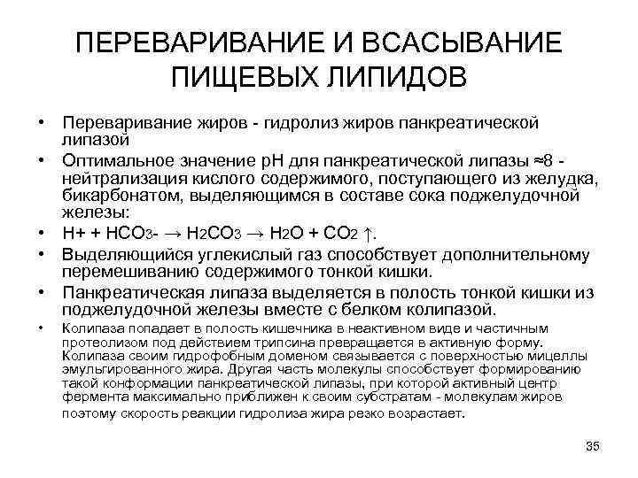 ПЕРЕВАРИВАНИЕ И ВСАСЫВАНИЕ ПИЩЕВЫХ ЛИПИДОВ • Переваривание жиров - гидролиз жиров панкреатической липазой •