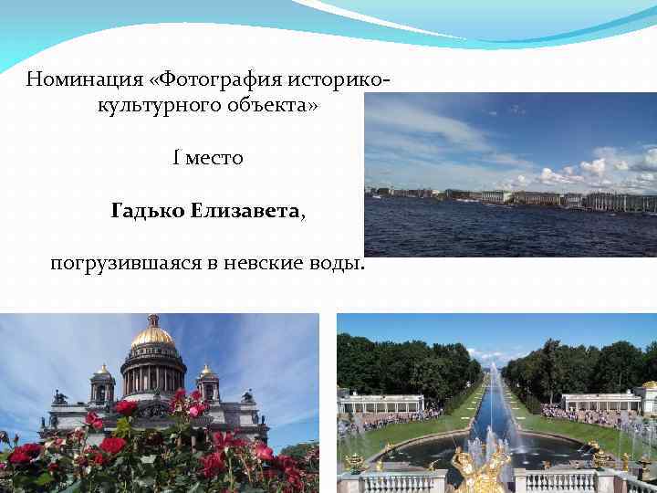 Номинация «Фотография историкокультурного объекта» I место Гадько Елизавета, погрузившаяся в невские воды. 