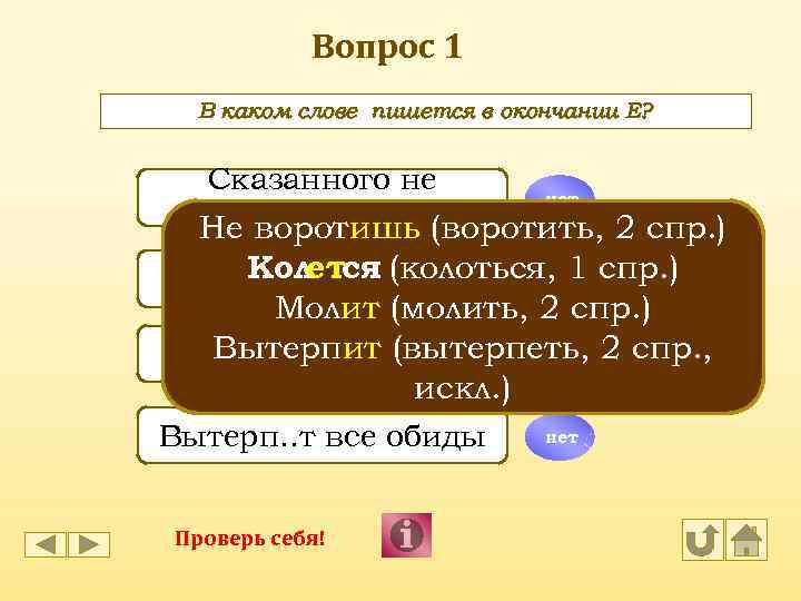 Вопрос 1 В каком слове пишется в окончании Е? Сказанного не нет Не ворот.