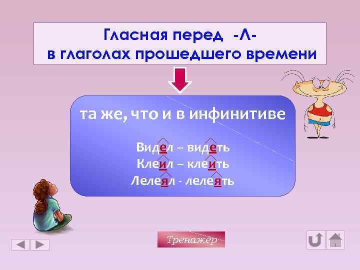 Гласная перед -Лв глаголах прошедшего времени та же, что и в инфинитиве Видел –