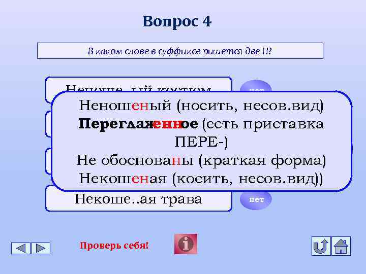 Вопрос 4 В каком слове в суффиксе пишется две Н? Неноше. . ый костюм