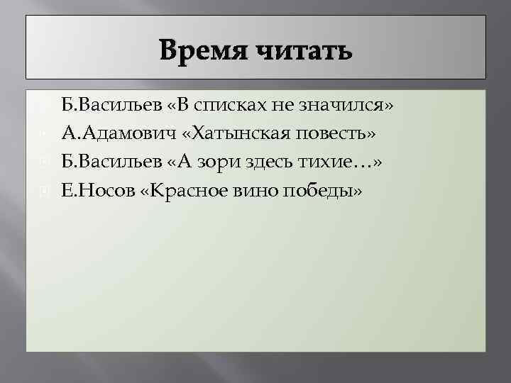 Время читать Б. Васильев «В списках не значился» А. Адамович «Хатынская повесть» Б. Васильев