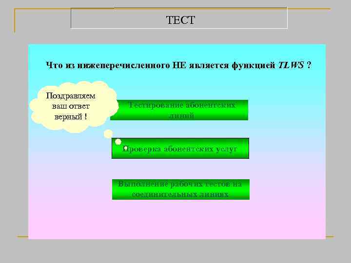 ТЕСТ Что из нижеперечисленного НЕ является функцией TLWS ? Поздравляем ваш ответ верный !