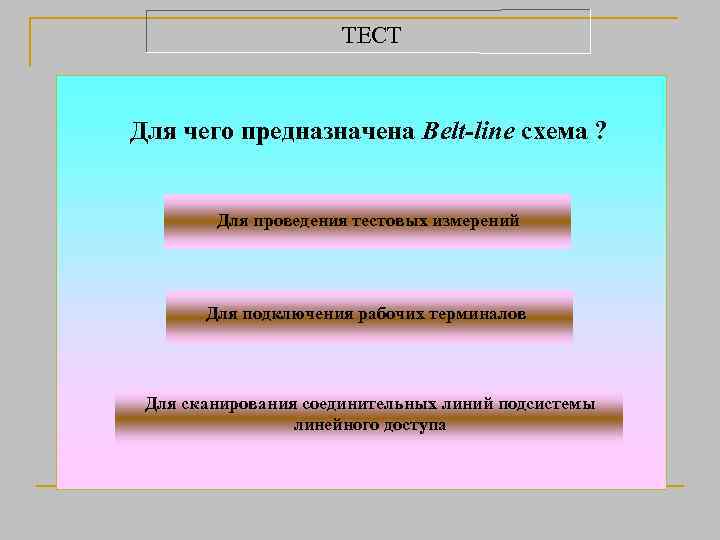 ТЕСТ Для чего предназначена Belt-line схема ? Для проведения тестовых измерений Для подключения рабочих