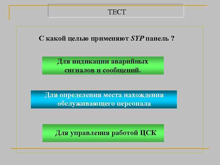 ТЕСТ С какой целью применяют SYP панель ? Для индикации аварийных сигналов и сообщений.