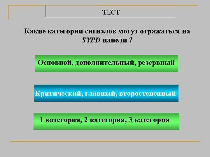 ТЕСТ Какие категории сигналов могут отражаться на SYPD панели ? Основной, дополнительный, резервный Критический,
