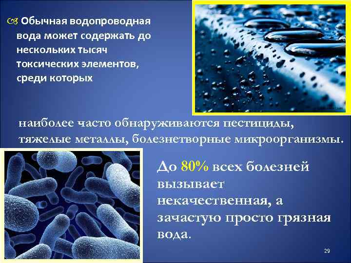  Обычная водопроводная вода может содержать до нескольких тысяч токсических элементов, среди которых наиболее