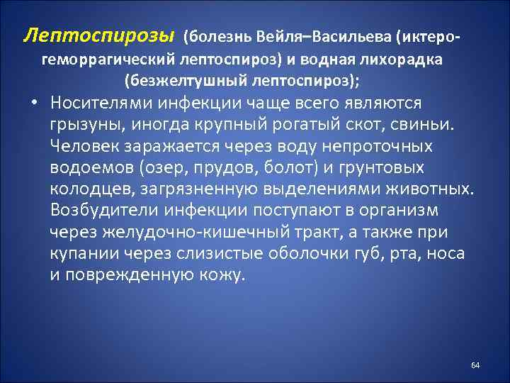 Лептоспирозы (болезнь Вейля–Васильева (иктерогеморрагический лептоспироз) и водная лихорадка (безжелтушный лептоспироз); • Носителями инфекции чаще