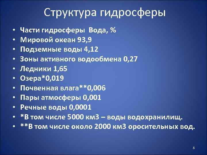  Структура гидросферы • • • Части гидросферы Вода, % Мировой океан 93, 9