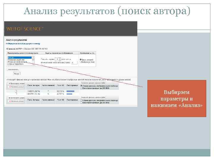 Анализ результатов (поиск автора) Выбираем параметры и нажимаем «Анализ» 