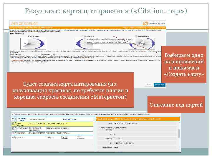 Результат: карта цитирования ( «Citation map» ) Выбираем одно из направлений и нажимаем «Создать