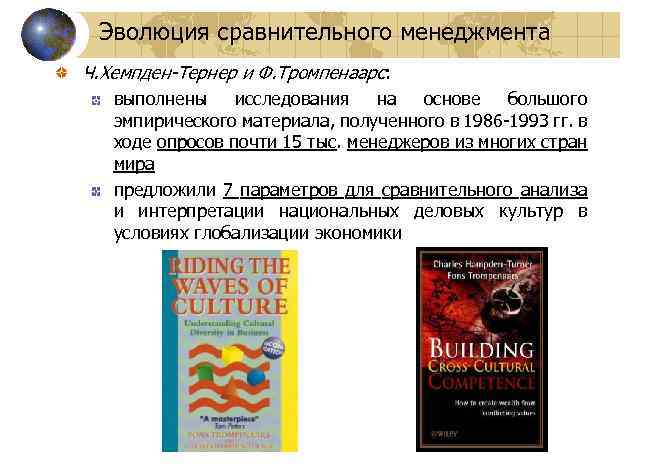 Эволюция сравнительного менеджмента Ч. Хемпден-Тернер и Ф. Тромпенаарс: выполнены исследования на основе большого эмпирического