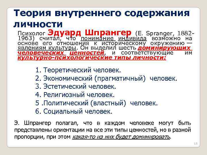Теория внутреннего содержания личности Психолог Эдуард Шпрангер (E. Spranger, 18821963) считал, что понимание индивида