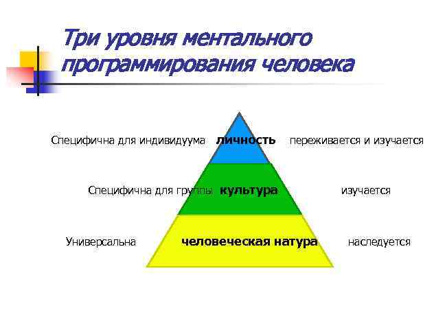 Три уровня ментального программирования человека Специфична для индивидуума личность переживается и изучается Специфична для