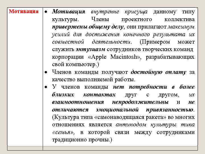 Мотивация внутренне присуща данному типу культуры. Члены проектного коллектива привержены общему делу, они прилагают