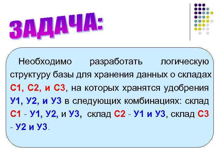 Необходимо разработать логическую структуру базы для хранения данных о складах С 1, С 2,