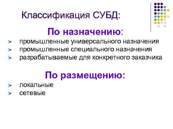 Классификация СУБД: По назначению: промышленные универсального назначения промышленные специального назначения разрабатываемые для конкретного заказчика