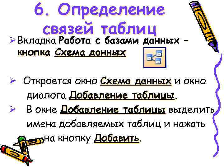 6. Определение связей таблиц Ø Вкладка Работа с базами данных – кнопка Схема данных