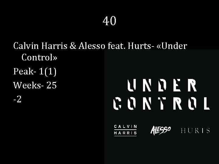 40 Calvin Harris & Alesso feat. Hurts- «Under Control» Peak- 1(1) Weeks- 25 -2