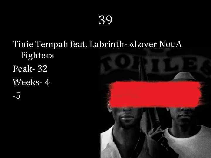 39 Tinie Tempah feat. Labrinth- «Lover Not A Fighter» Peak- 32 Weeks- 4 -5