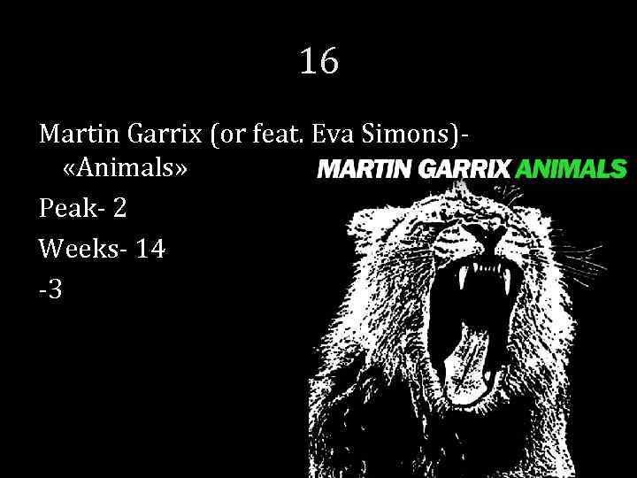 16 Martin Garrix (or feat. Eva Simons)- «Animals» Peak- 2 Weeks- 14 -3 