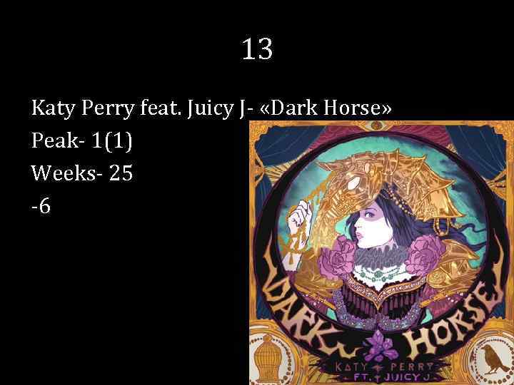 13 Katy Perry feat. Juicy J- «Dark Horse» Peak- 1(1) Weeks- 25 -6 
