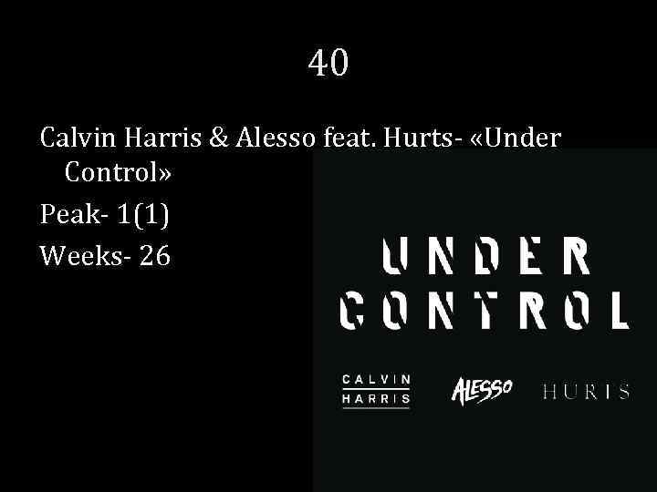40 Calvin Harris & Alesso feat. Hurts- «Under Control» Peak- 1(1) Weeks- 26 