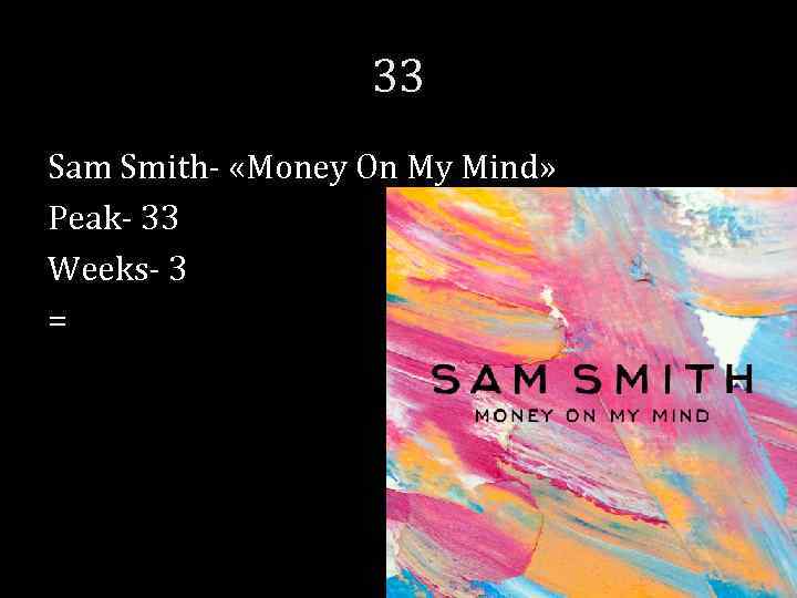33 Sam Smith- «Money On My Mind» Peak- 33 Weeks- 3 = 