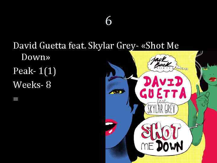 6 David Guetta feat. Skylar Grey- «Shot Me Down» Peak- 1(1) Weeks- 8 =