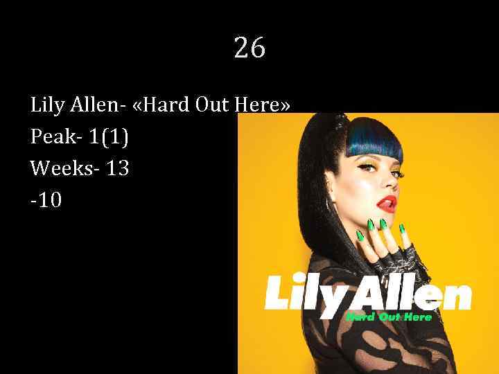 26 Lily Allen- «Hard Out Here» Peak- 1(1) Weeks- 13 -10 
