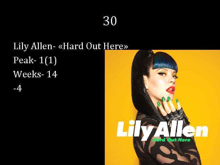 30 Lily Allen- «Hard Out Here» Peak- 1(1) Weeks- 14 -4 