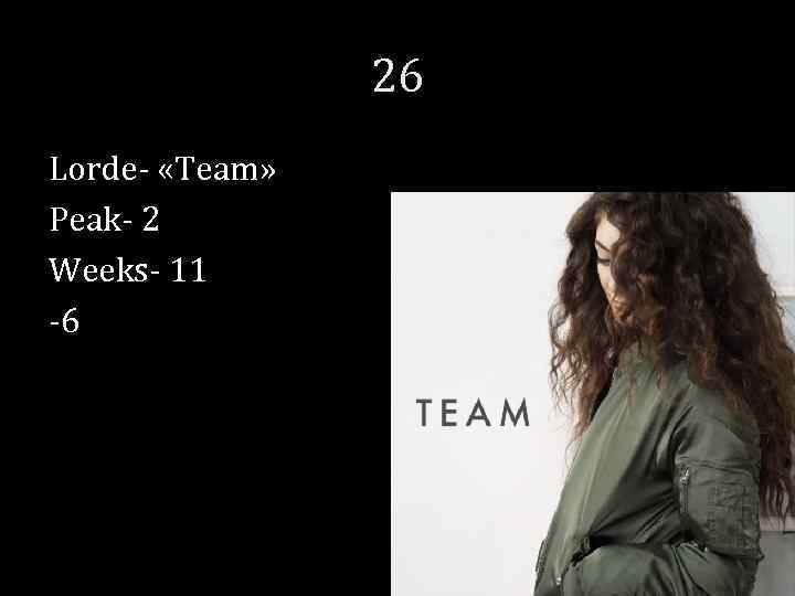 26 Lorde- «Team» Peak- 2 Weeks- 11 -6 