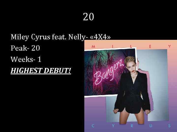 20 Miley Cyrus feat. Nelly- « 4 X 4» Peak- 20 Weeks- 1 HIGHEST