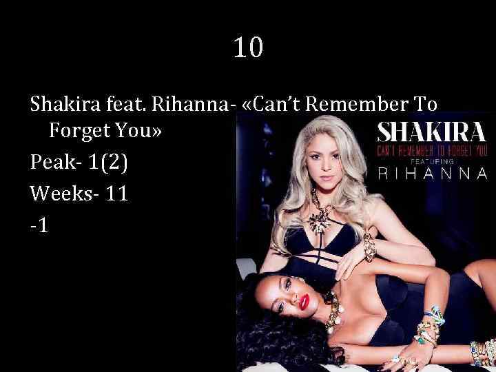 10 Shakira feat. Rihanna- «Can’t Remember To Forget You» Peak- 1(2) Weeks- 11 -1