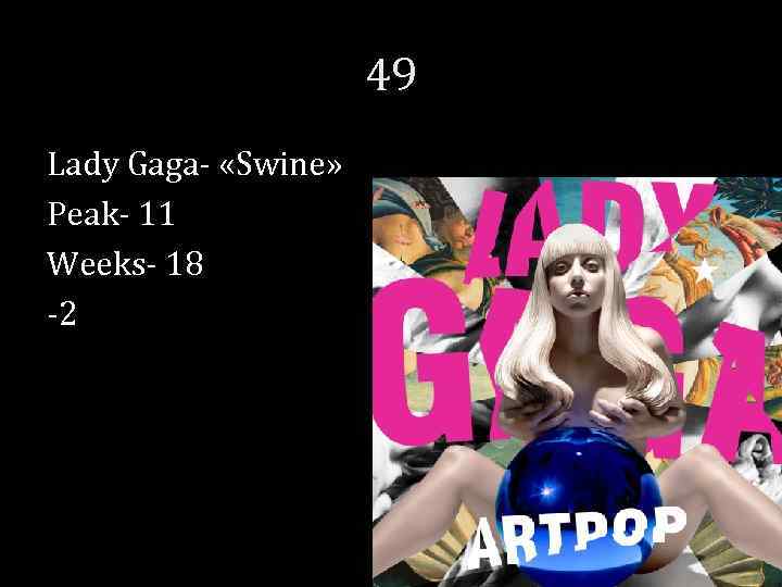 49 Lady Gaga- «Swine» Peak- 11 Weeks- 18 -2 