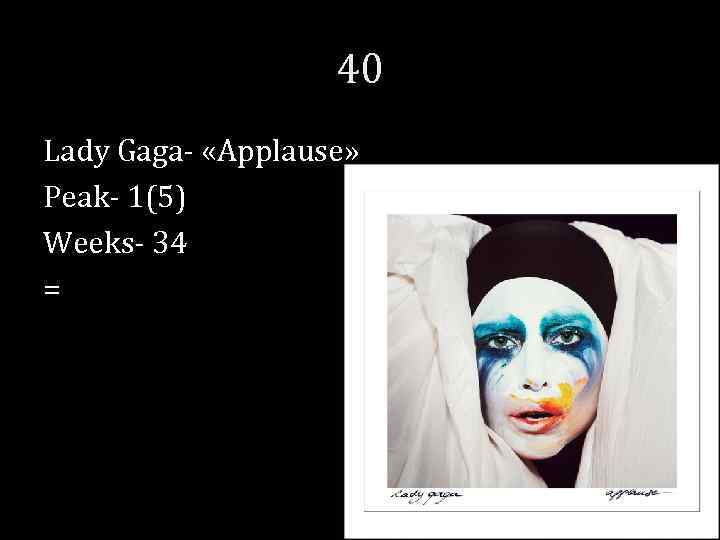 40 Lady Gaga- «Applause» Peak- 1(5) Weeks- 34 = 