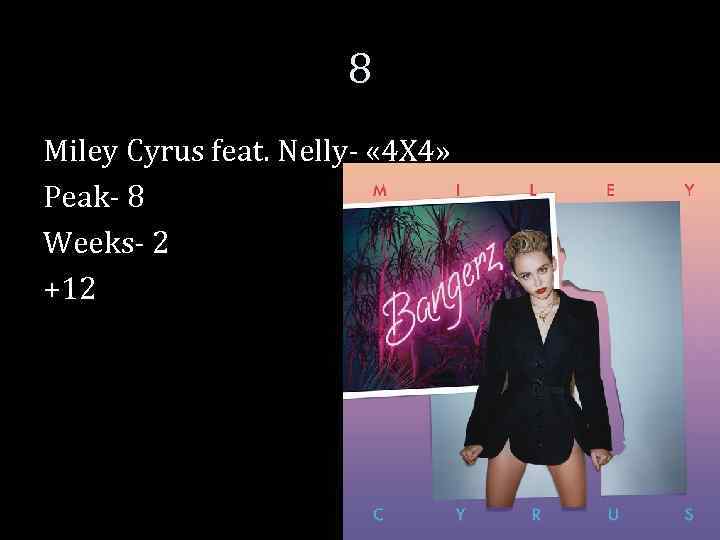8 Miley Cyrus feat. Nelly- « 4 X 4» Peak- 8 Weeks- 2 +12