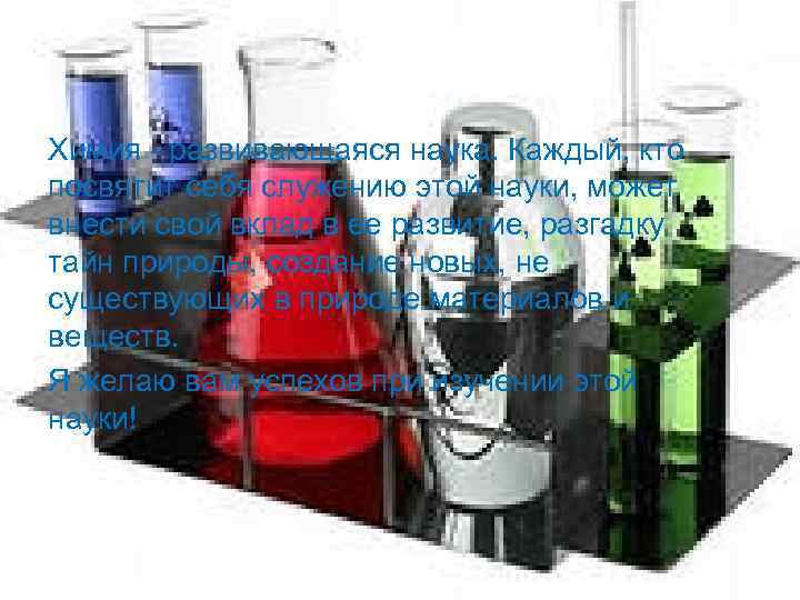 Химия - развивающаяся наука. Каждый, кто посвятит себя служению этой науки, может внести свой