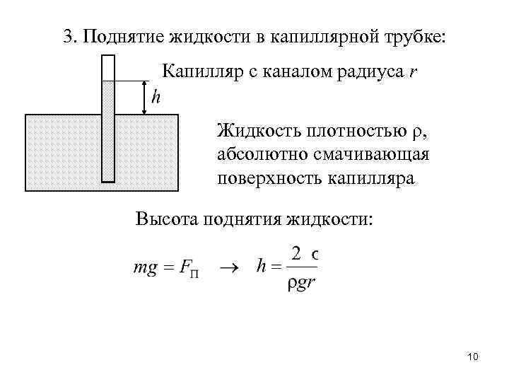 3. Поднятие жидкости в капиллярной трубке: Капилляр с каналом радиуса r Жидкость плотностью ρ,