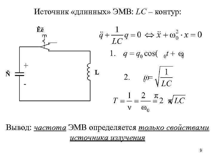 Источник «длинных» ЭМВ: LC – контур: + - Вывод: частота ЭМВ определяется только свойствами